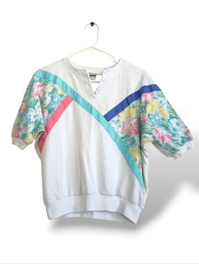 Koret White Floral Panel Colorblock Sweater Vintage Pastel Pink Blue Textured LG
